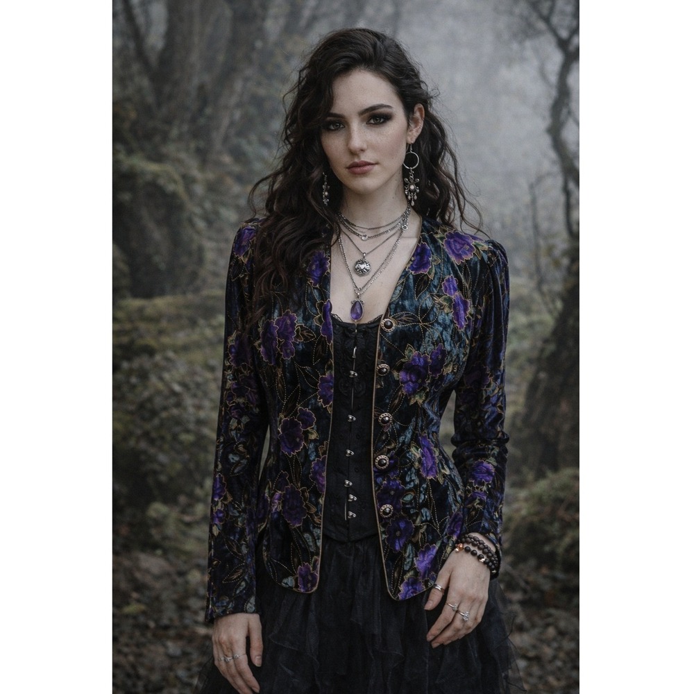 Whimsigoth Fairygrunge Glam Velvet Emo Vintage Black Purple Gold Floral 8 Jacket